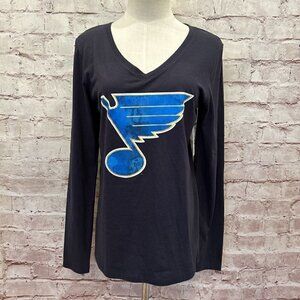 '47 BRAND Womens St Louis Blues NHL V- Neck Long Sleeve T- Shirt Size M NEW